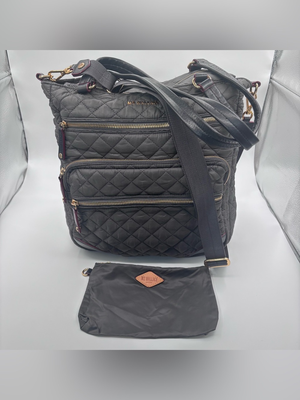 MZ Wallace | Crosby Magazine Charcoal Nylon Quilted Shoulder Crossbody Bag